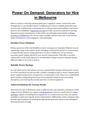 Power On Demand Generators for Hire in Melbourne