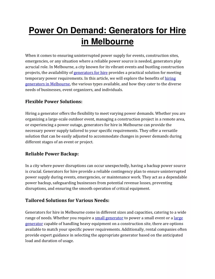 power on demand generators for hire in melbourne
