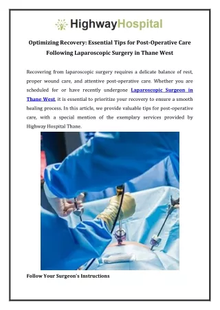 Optimizing Recovery Essential Tips for Post-Operative Care Following Laparoscopic Surgery in Thane West