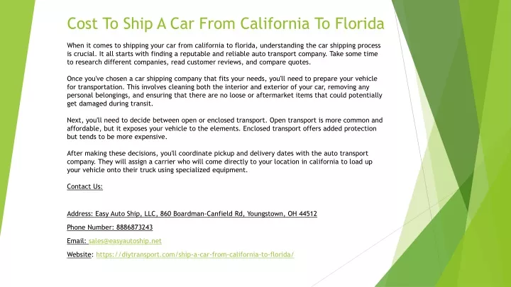 cost to ship a car from california to florida