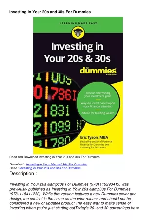 (DOWNLOAD) PDF Investing in Your 20s and 30s For Dummies