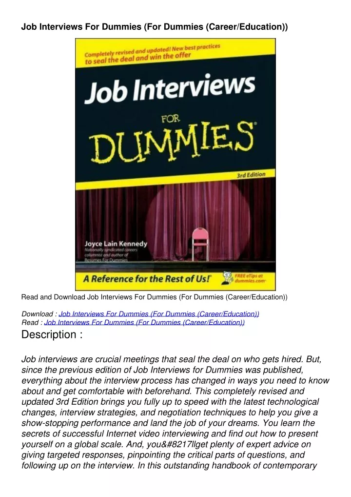 job interviews for dummies for dummies career
