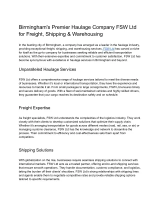 Birmingham's Premier Haulage Company FSW Ltd for Freight, Shipping & Warehousing