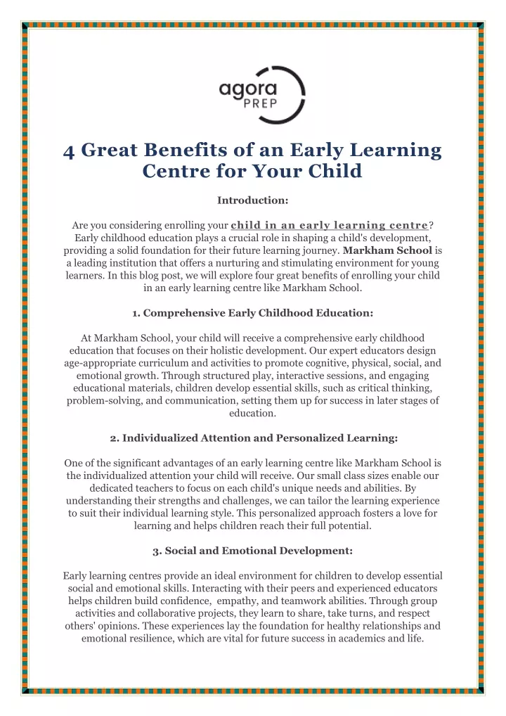 4 great benefits of an early learning centre