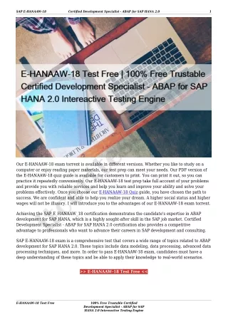 E-HANAAW-18 Test Free | 100% Free Trustable Certified Development Specialist - ABAP for SAP HANA 2.0 Intereactive Testin