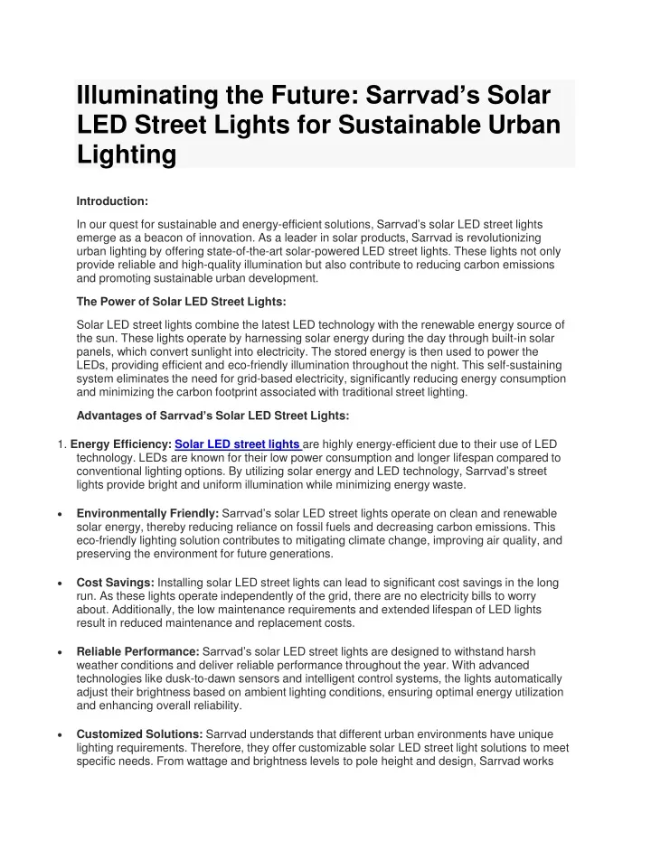 illuminating the future sarrvad s solar led street lights for sustainable urban lighting