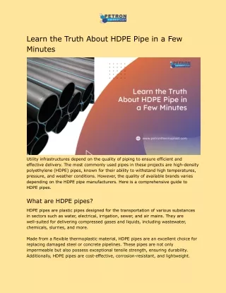 Learn the Truth About HDPE Pipe in a Few Minutes