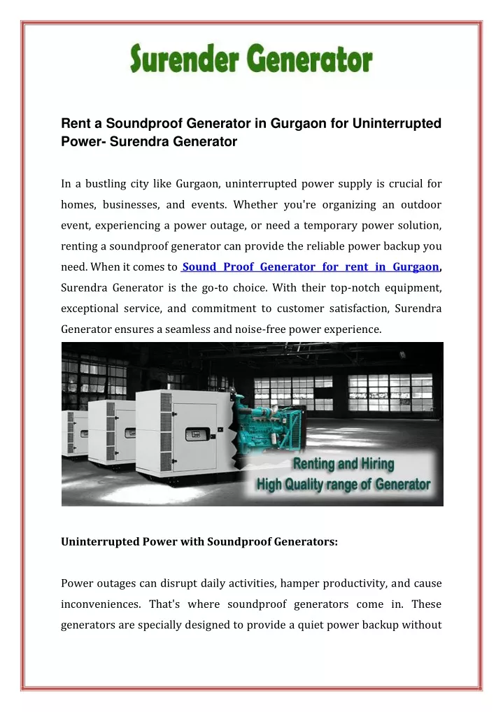 rent a soundproof generator in gurgaon