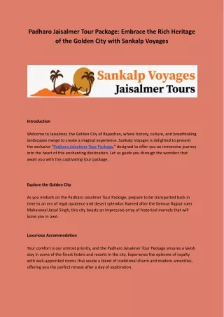 Padharo Jaisalmer Tour Package  Embrace the Rich Heritage of the Golden City with Sankalp Voyages