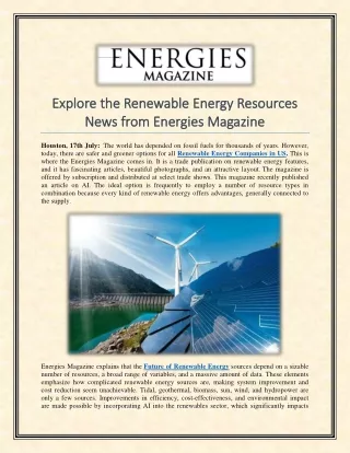 Explore the Renewable Energy Resources News from Energies Magazine