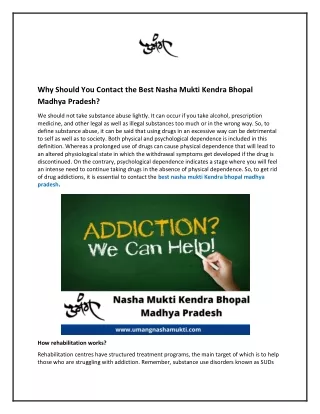 Why Should You Contact the Best Nasha Mukti Kendra Bhopal Madhya Pradesh?