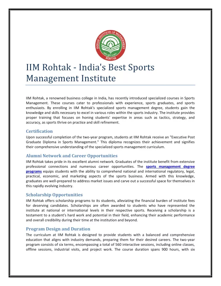 iim rohtak india s best sports management