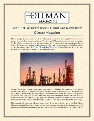 Get 100% Assured Texas Oil and Gas News from Oilman Magazine