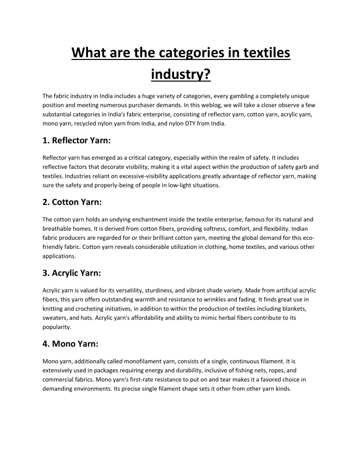 what are the categories in textiles industry