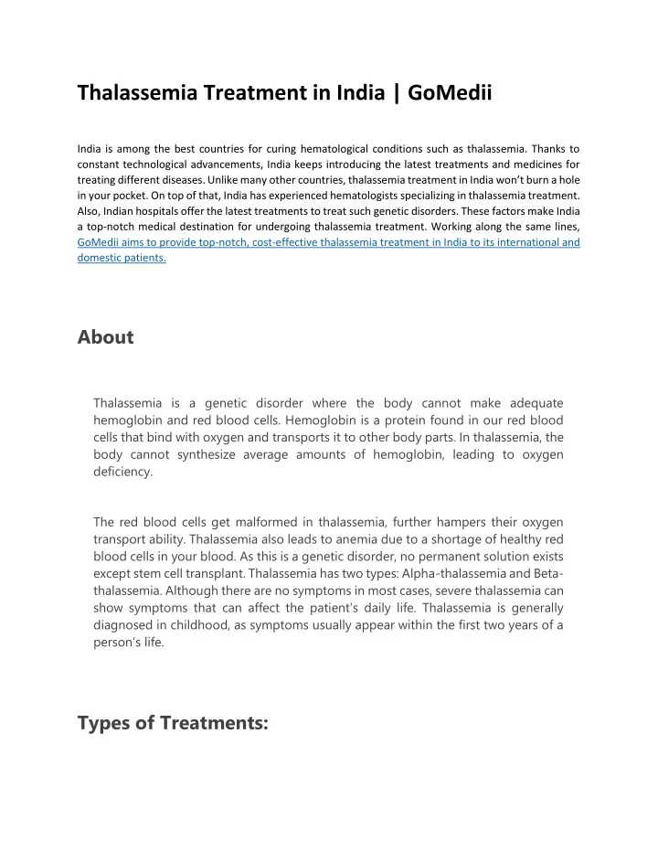 thalassemia treatment in india gomedii