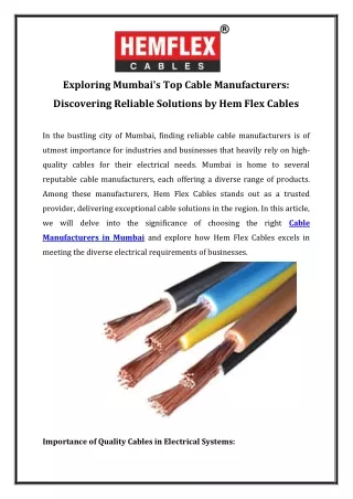Exploring Mumbai's Top Cable Manufacturers Discovering Reliable Solutions by Hem Flex Cables