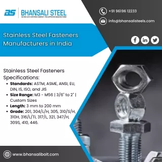 Stainless Steel Fasteners  Mild Steel Fasteners  Alloy Steel Fasteners