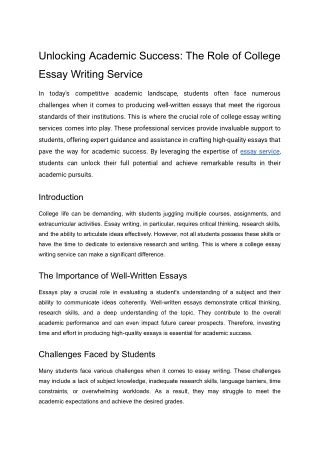 Unlocking Academic Success:The Role of College Essay Writing Service