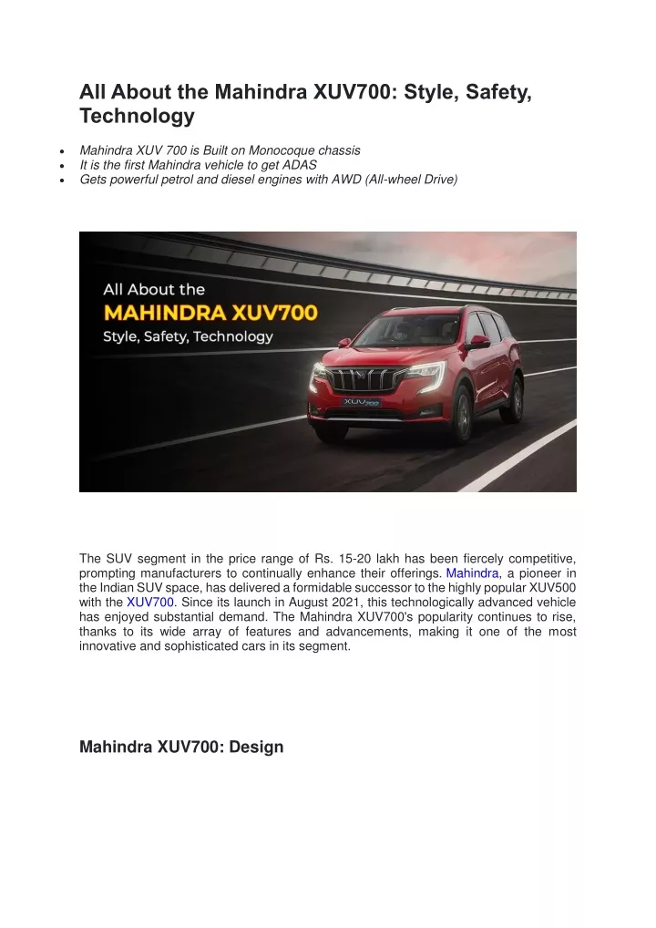 all about the mahindra xuv700 style safety