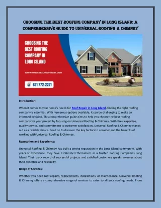 Choosing the Best Roofing Company in Long Island A Comprehensive Guide to Universal Roofing & Chimney