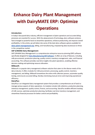 Enhance Dairy Plant Management with DairyMATE ERP: Optimize Operations