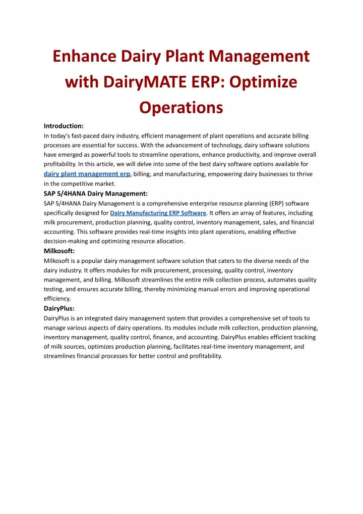enhance dairy plant management with dairymate