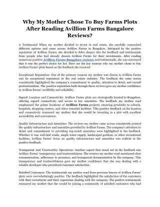 Why My Mother Chose To Buy Farms Plots After Reading Avillion Farms Bangalore Reviews