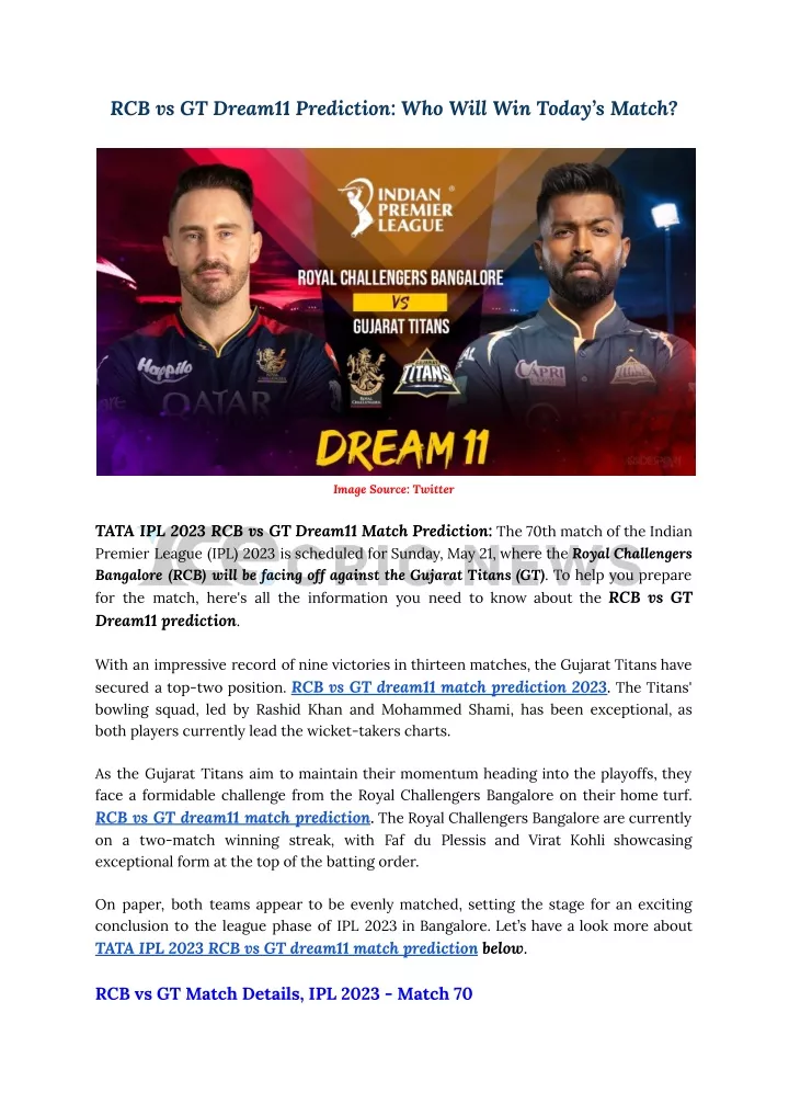 rcb vs gt dream11 prediction who will win today