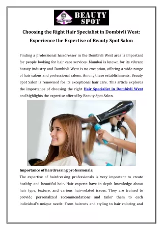 Choosing the Right Hair Specialist in Dombivli West Experience the Expertise of Beauty Spot Salon