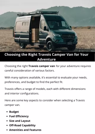 Choosing the Right Travois Camper Van for Your Adventure