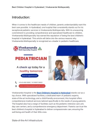 Best Children Hospital in Hyderabad | Vivekananda Multispecialty