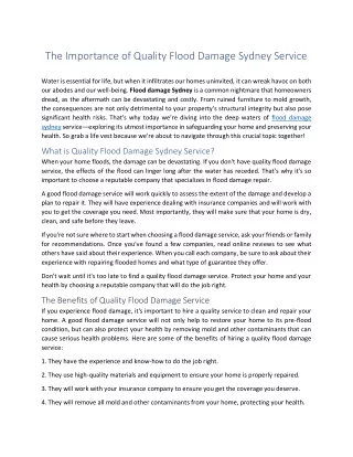 The Importance of Quality Flood Damage Sydney Service