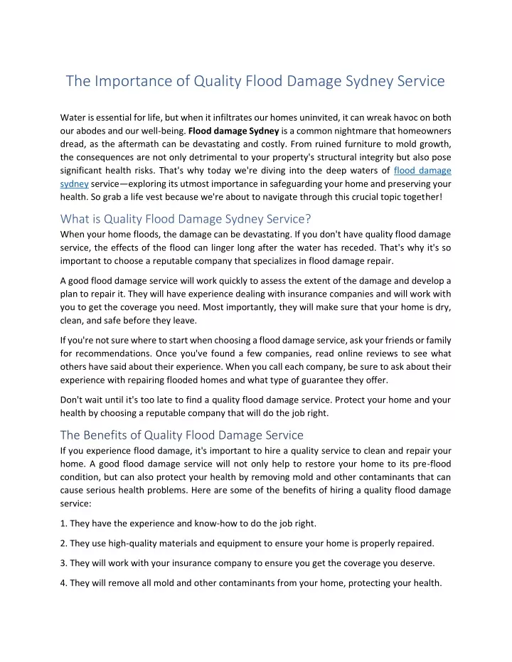 the importance of quality flood damage sydney