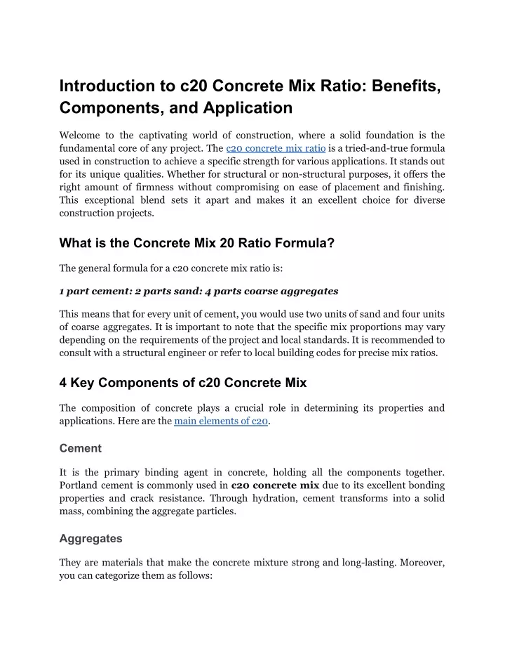 introduction to c20 concrete mix ratio benefits