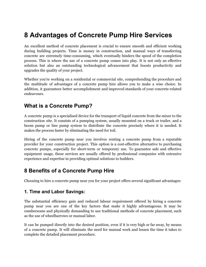 8 advantages of concrete pump hire services