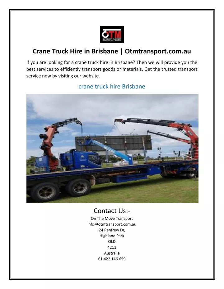 crane truck hire in brisbane otmtransport com au