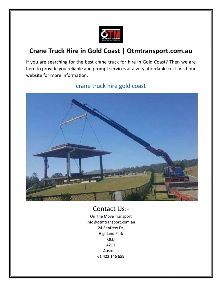 crane truck hire in gold coast otmtransport com au