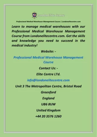 Professional Medical Warehouse Management Course  Londonelitecentre