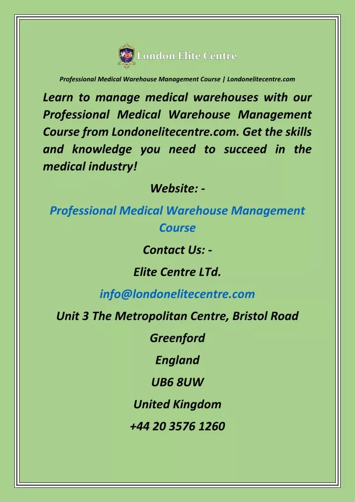 professional medical warehouse management course