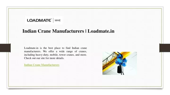 indian crane manufacturers loadmate in