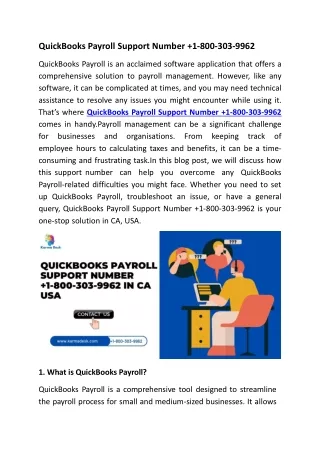 QuickBooks Payroll Support Number  1-800-303-9962