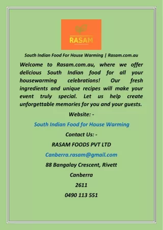 South Indian Food For House Warming  Rasam.com