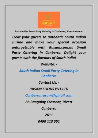 South Indian Small Party Catering In Canberra  Rasam.com