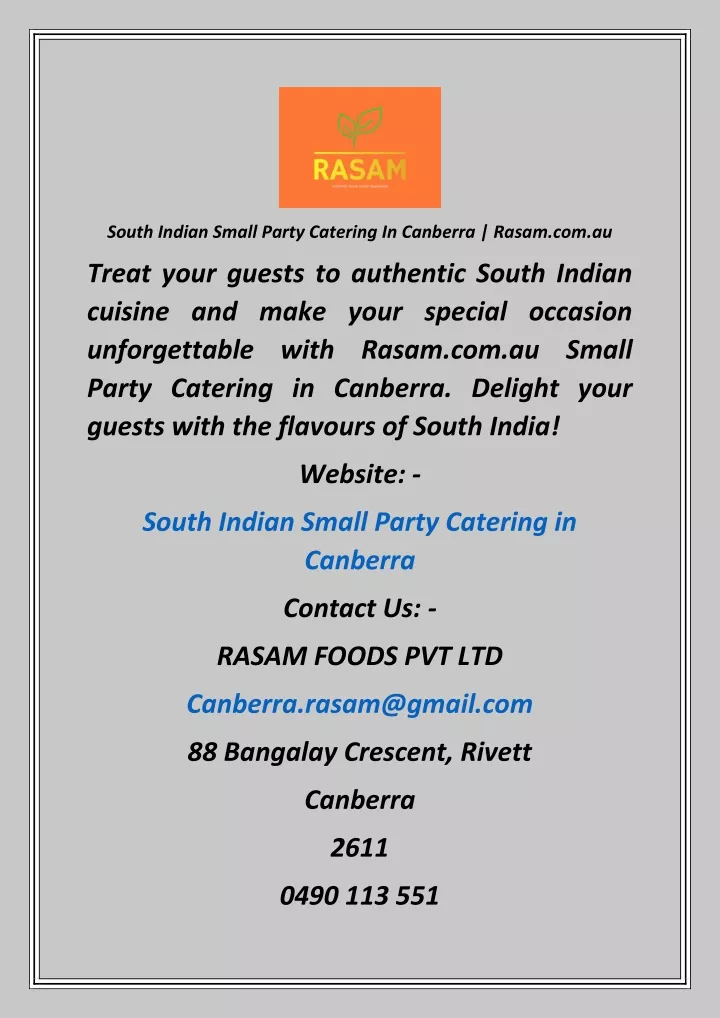 south indian small party catering in canberra