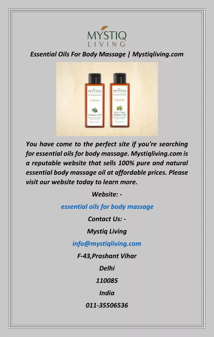 essential oils for body massage mystiqliving com
