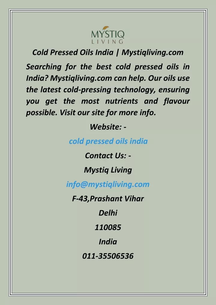 cold pressed oils india mystiqliving com