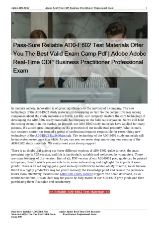 Pass-Sure Reliable AD0-E602 Test Materials Offer You The Best Valid Exam Camp Pdf | Adobe Adobe Real-Time CDP Business P