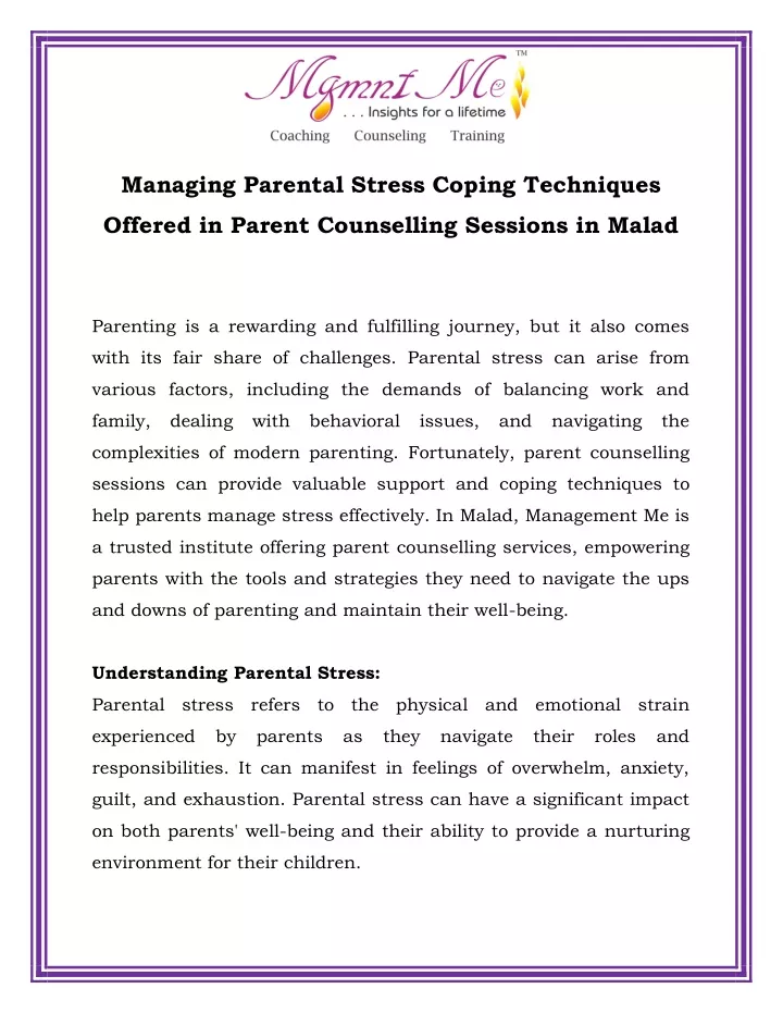 managing parental stress coping techniques