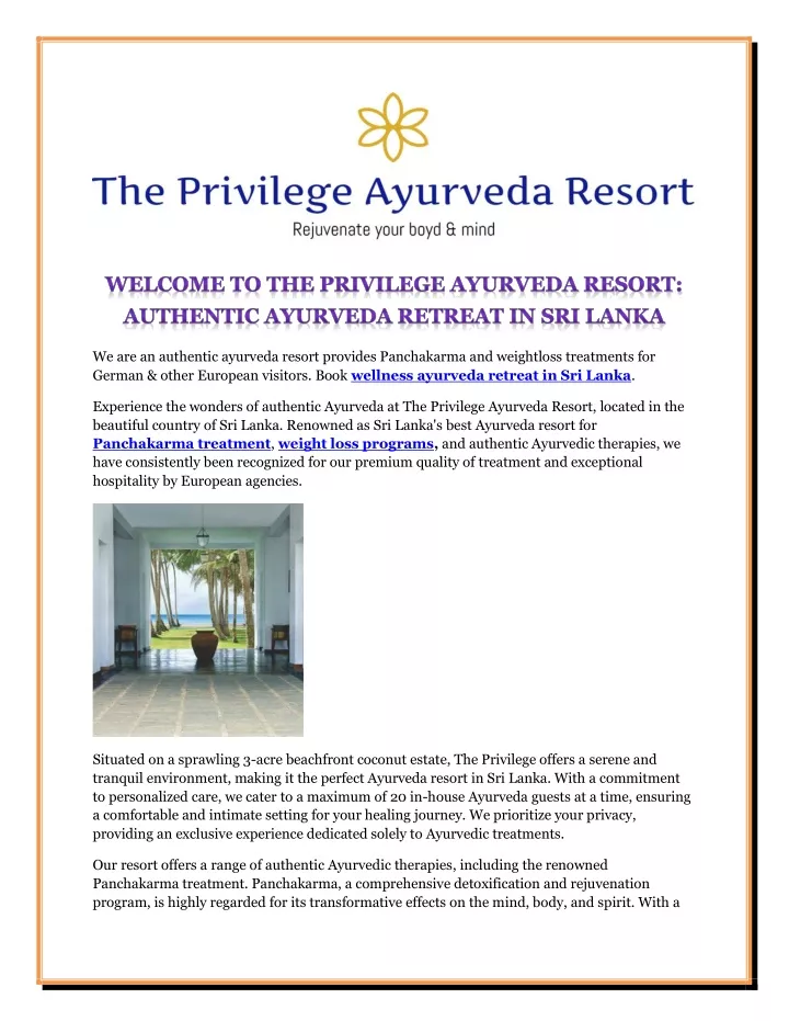 we are an authentic ayurveda resort provides
