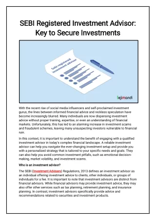 SEBI Registered Investment Advisor Key to Secure Investments